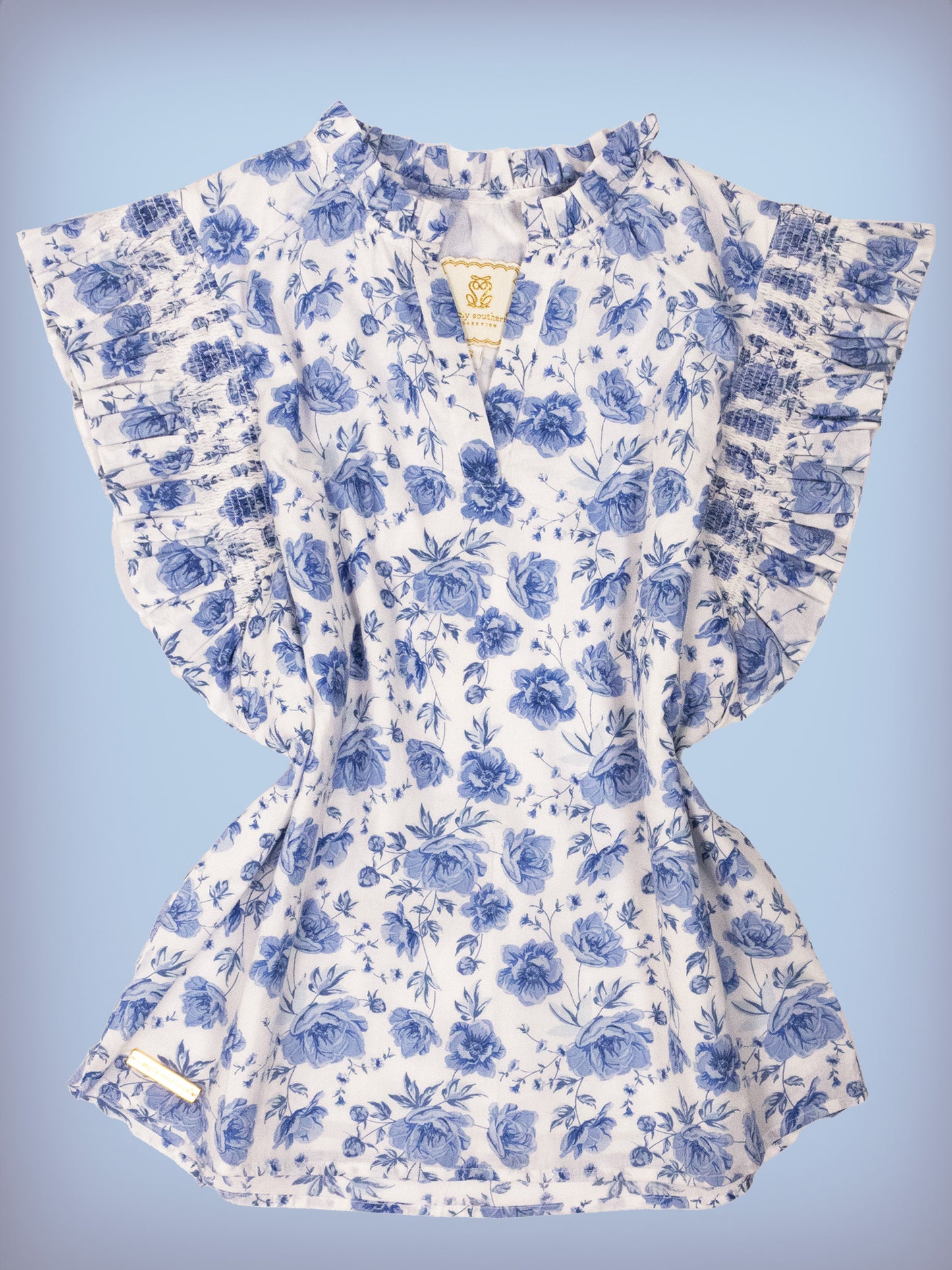Simply Southern ruffle sleeve blue bud blouse