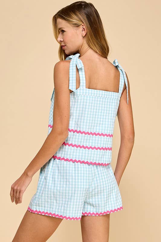 CT9117-Gingham Contrast Ricrac Detail Top