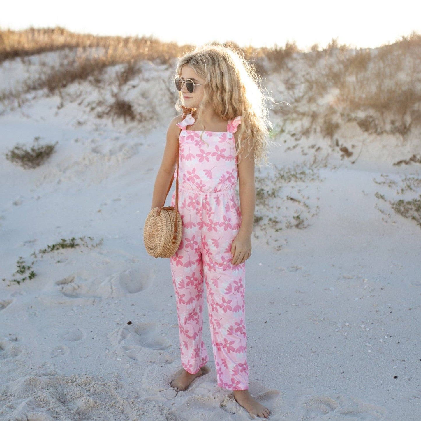 Kids Pink White Floral Button Ruffle Summer Pocket Jumpsuit