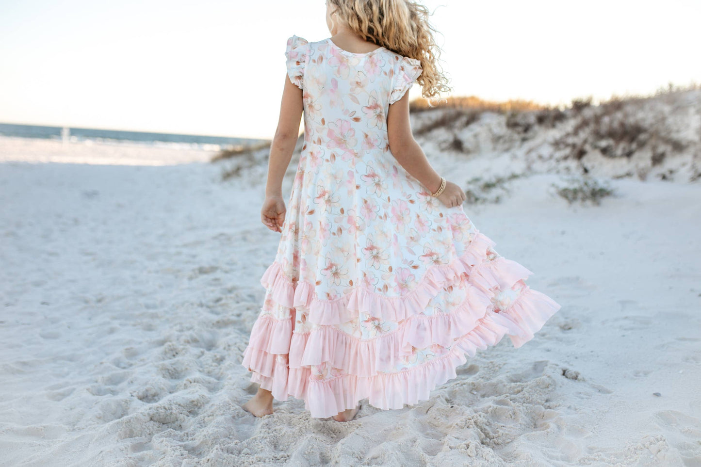 Girls Blush Floral Flutter Sleeve Ruffles Spring Dress (5-12)