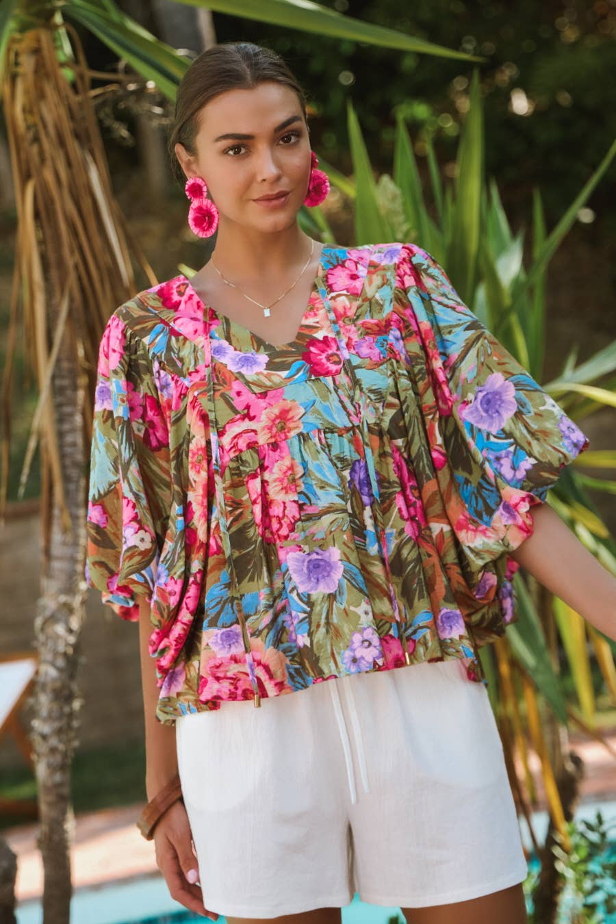 Floral Print Blouse With Wide Bubble Sleeve