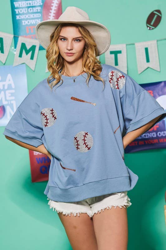 Baseball Glitter Print Oversized Pullover