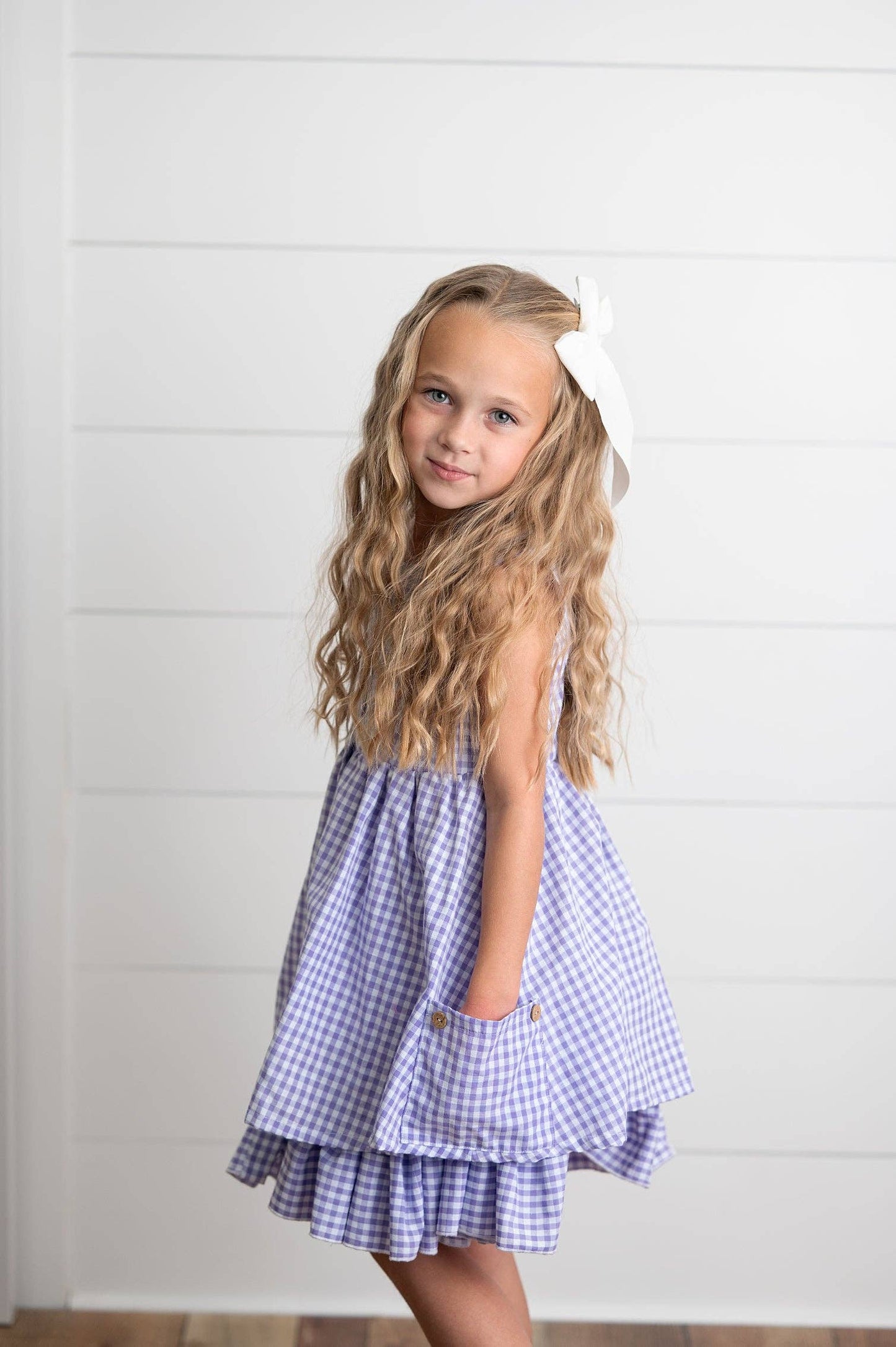 Girls Lavender & White Gingham Check Pocket Spring Dress
