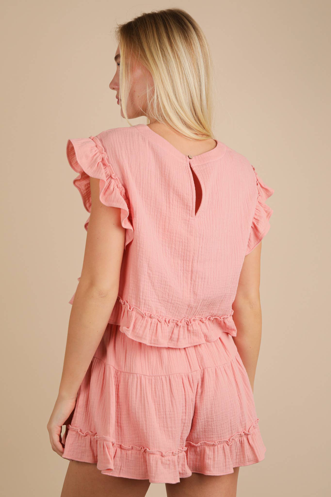 Ruffled Solid Woven Blush Top & Shorts Set