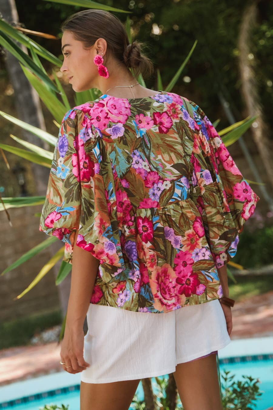 Floral Print Blouse With Wide Bubble Sleeve