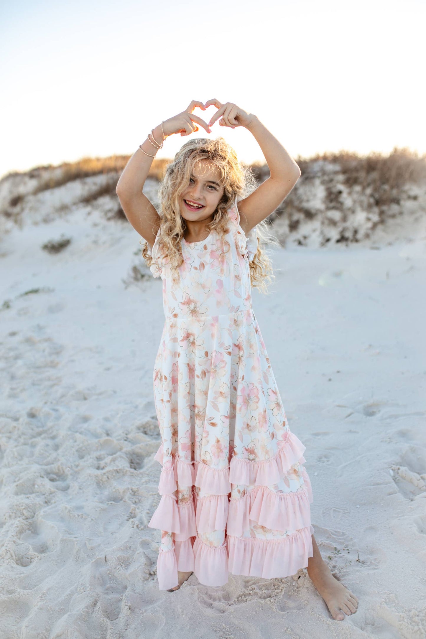 Girls Blush Floral Flutter Sleeve Ruffles Spring Dress (5-12)