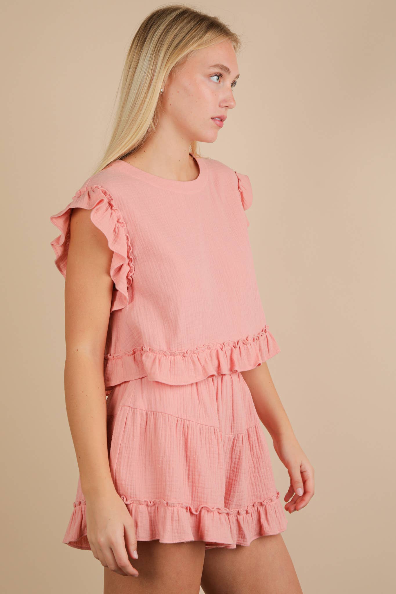 Ruffled Solid Woven Blush Top & Shorts Set
