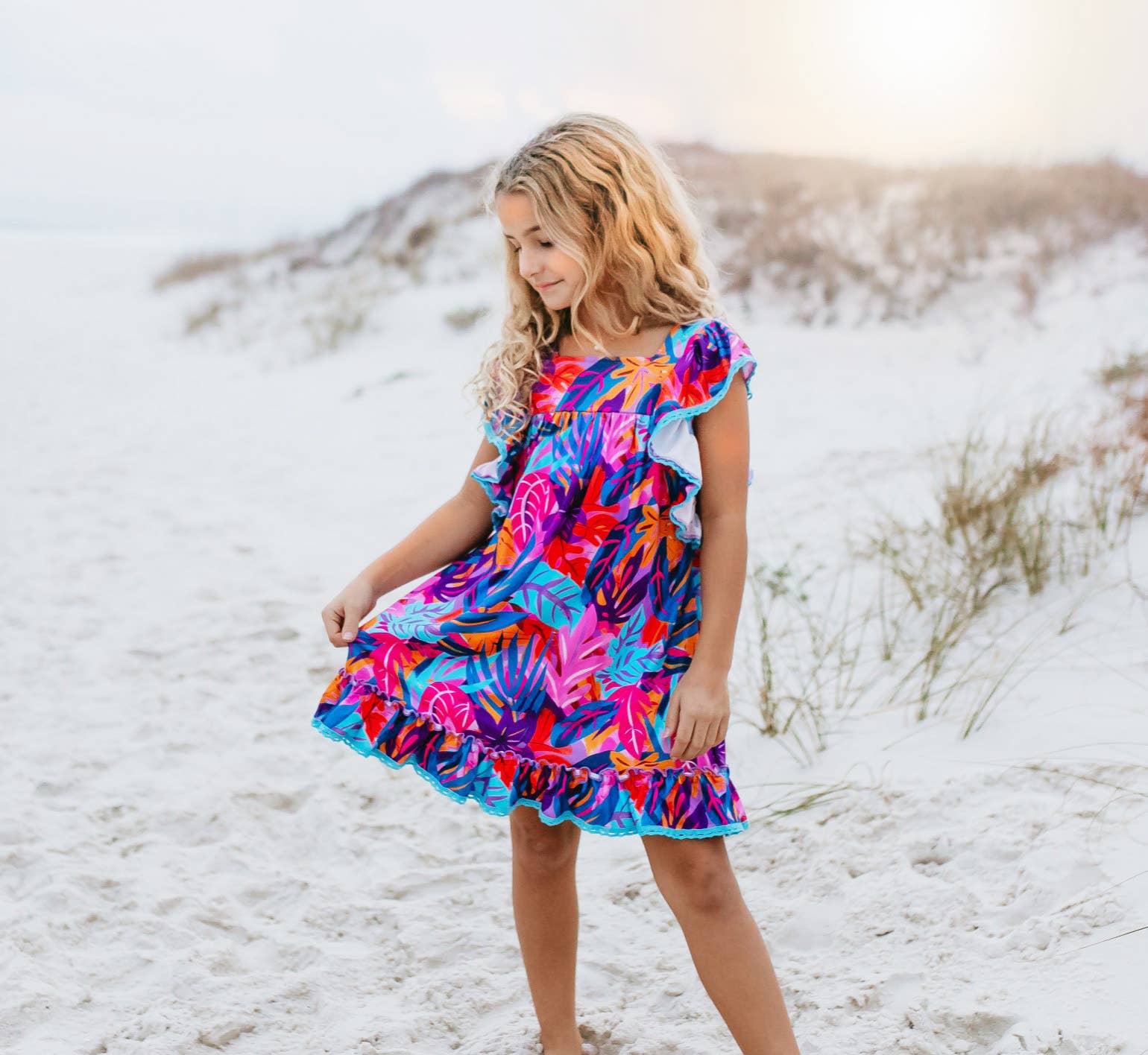 Girls Bright Pink Blue Tropical Ruffle Spring Summer Dress Side Alley Gifts Girls Bright Pink Blue Tropical Ruffle Spring Summer Dress Side Alley Gifts