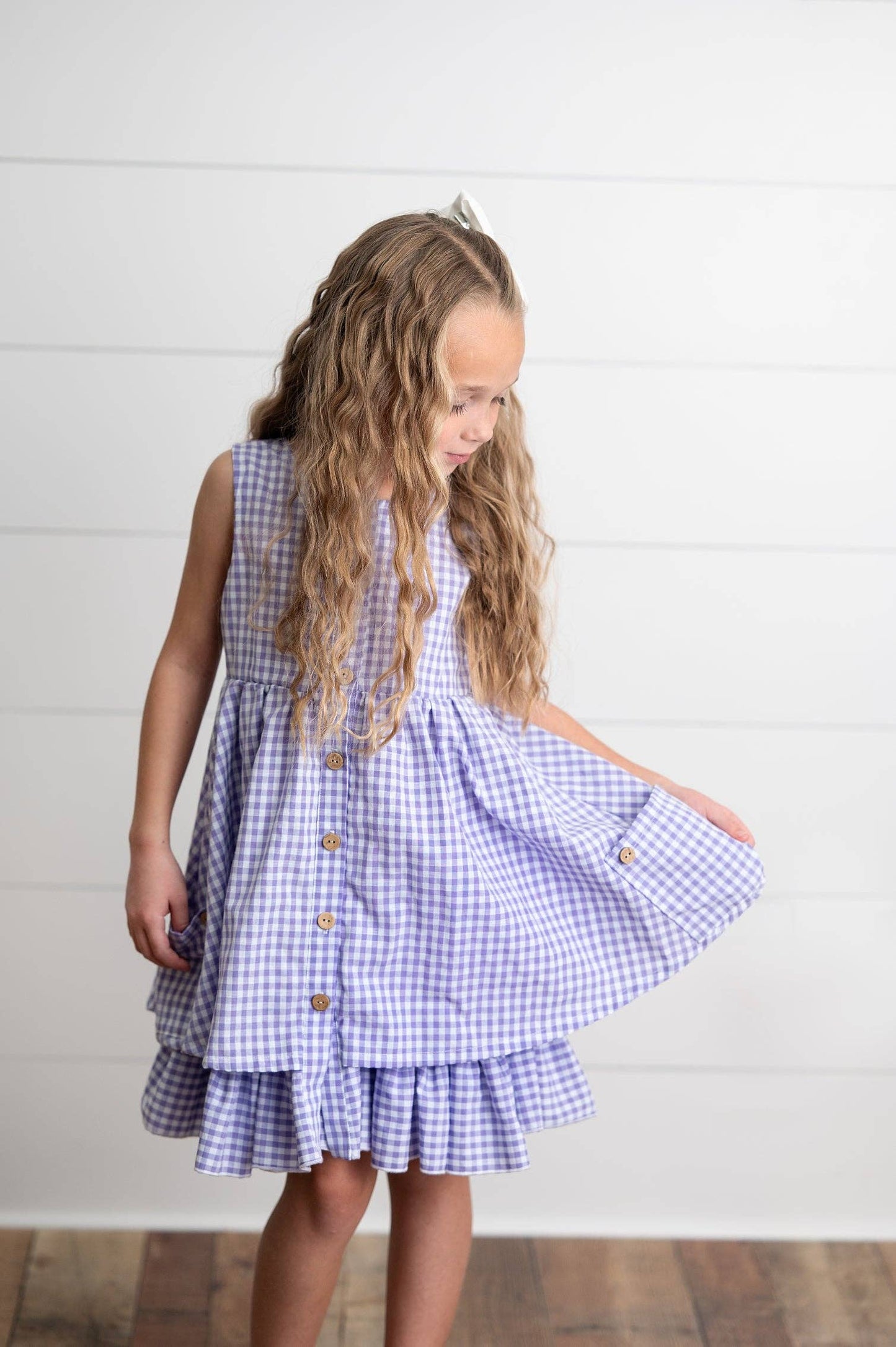 Girls Lavender & White Gingham Check Pocket Spring Dress