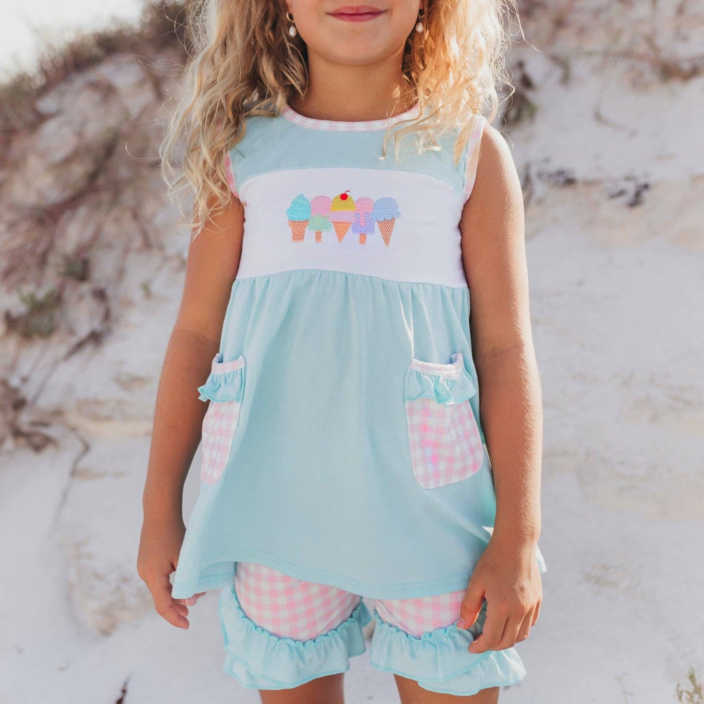 Girls Pastel Ice Cream Gingham Ruffle Spring Summer Short Set