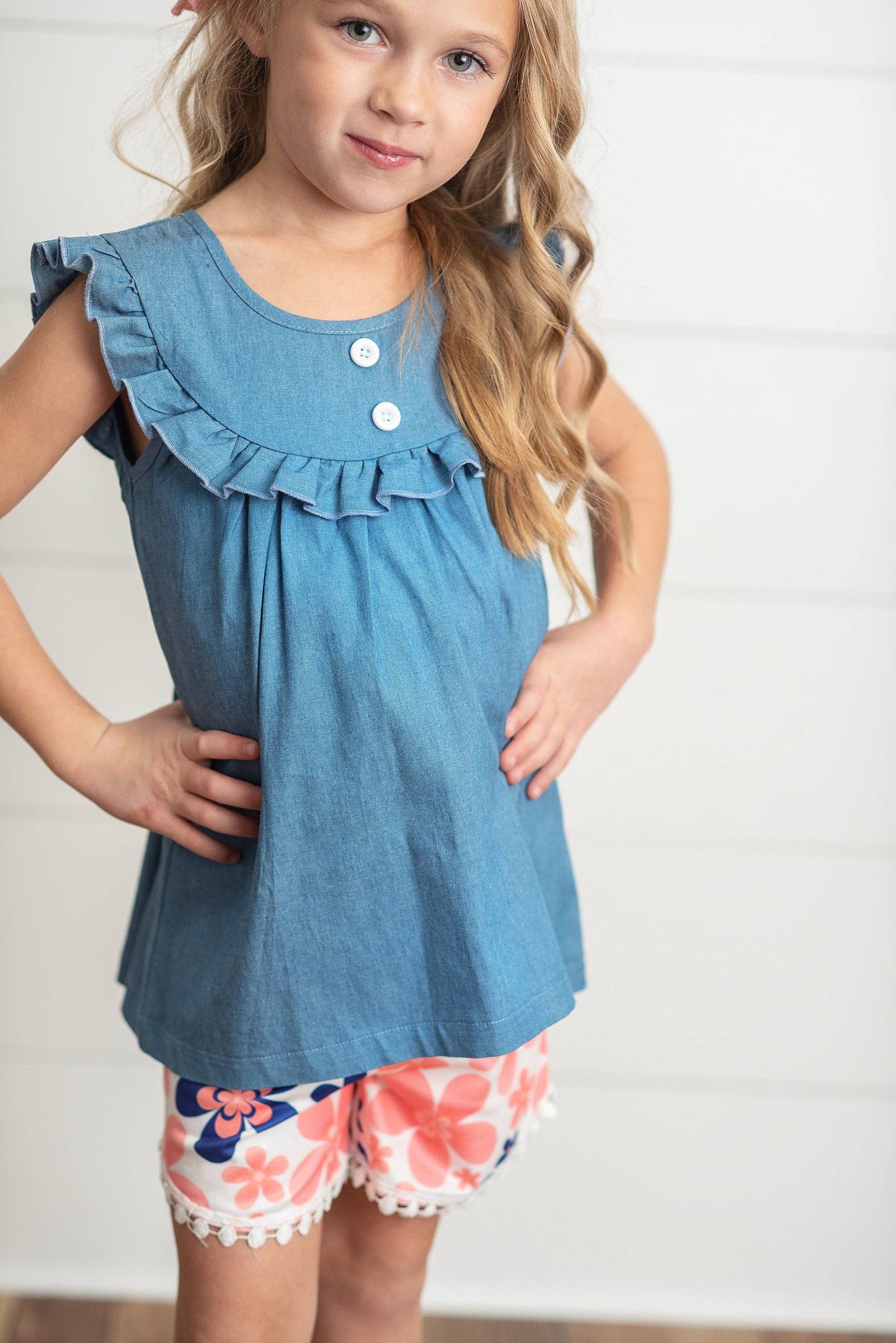 Girls Coral Floral Jean Ruffle Spring Summer 2 Piece Set