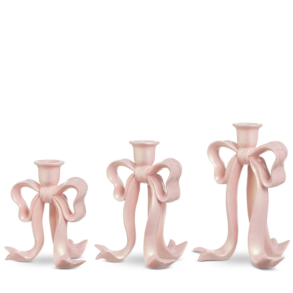 9" Pink Pearlescent Bow Candlesticks