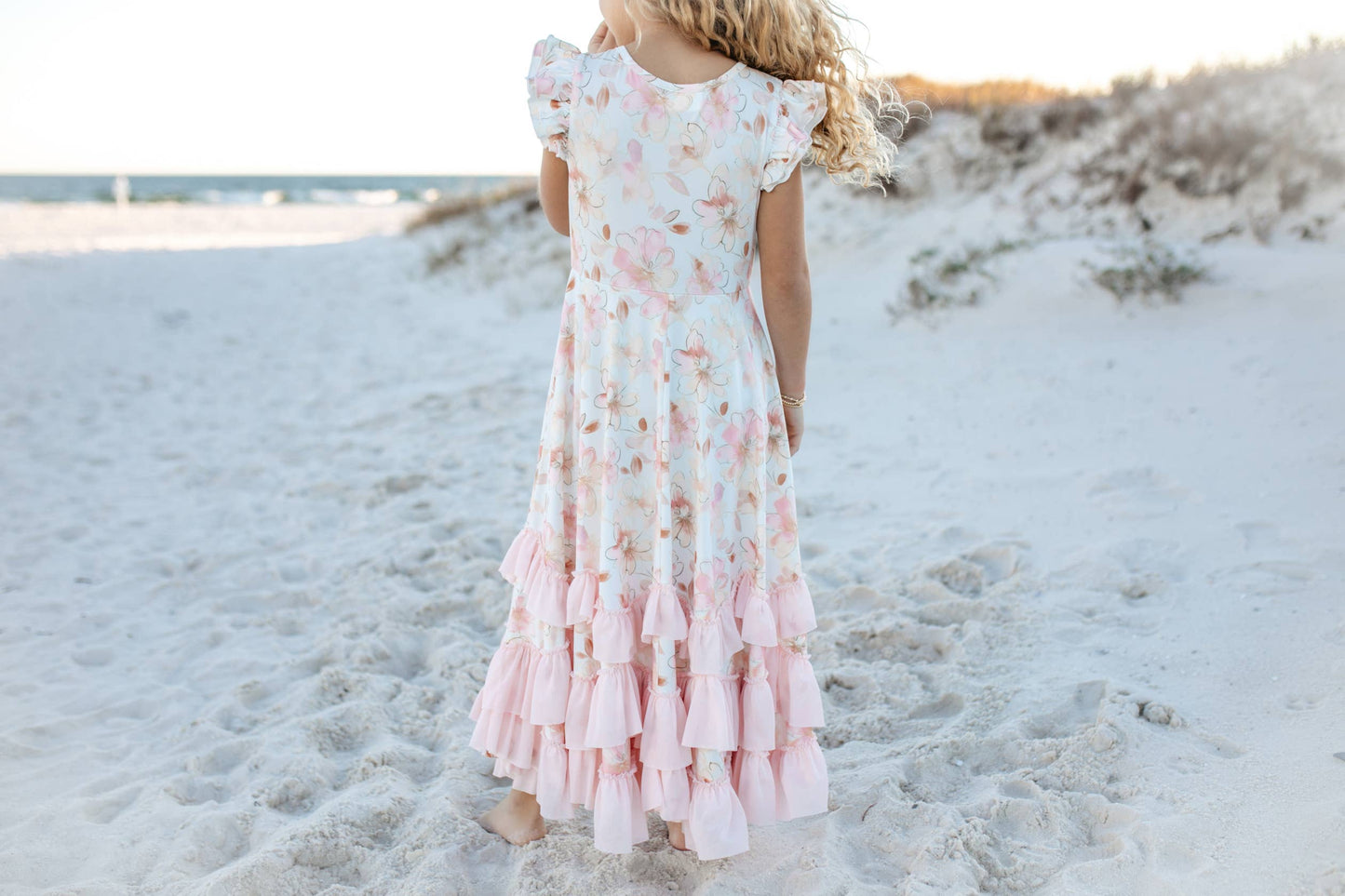 Girls Blush Floral Flutter Sleeve Ruffles Spring Dress (5-12)