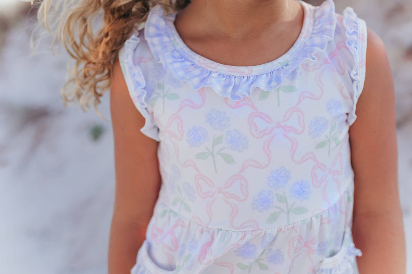 Girls Lavender Check & Pink Bow Pocket Ruffle Short Set