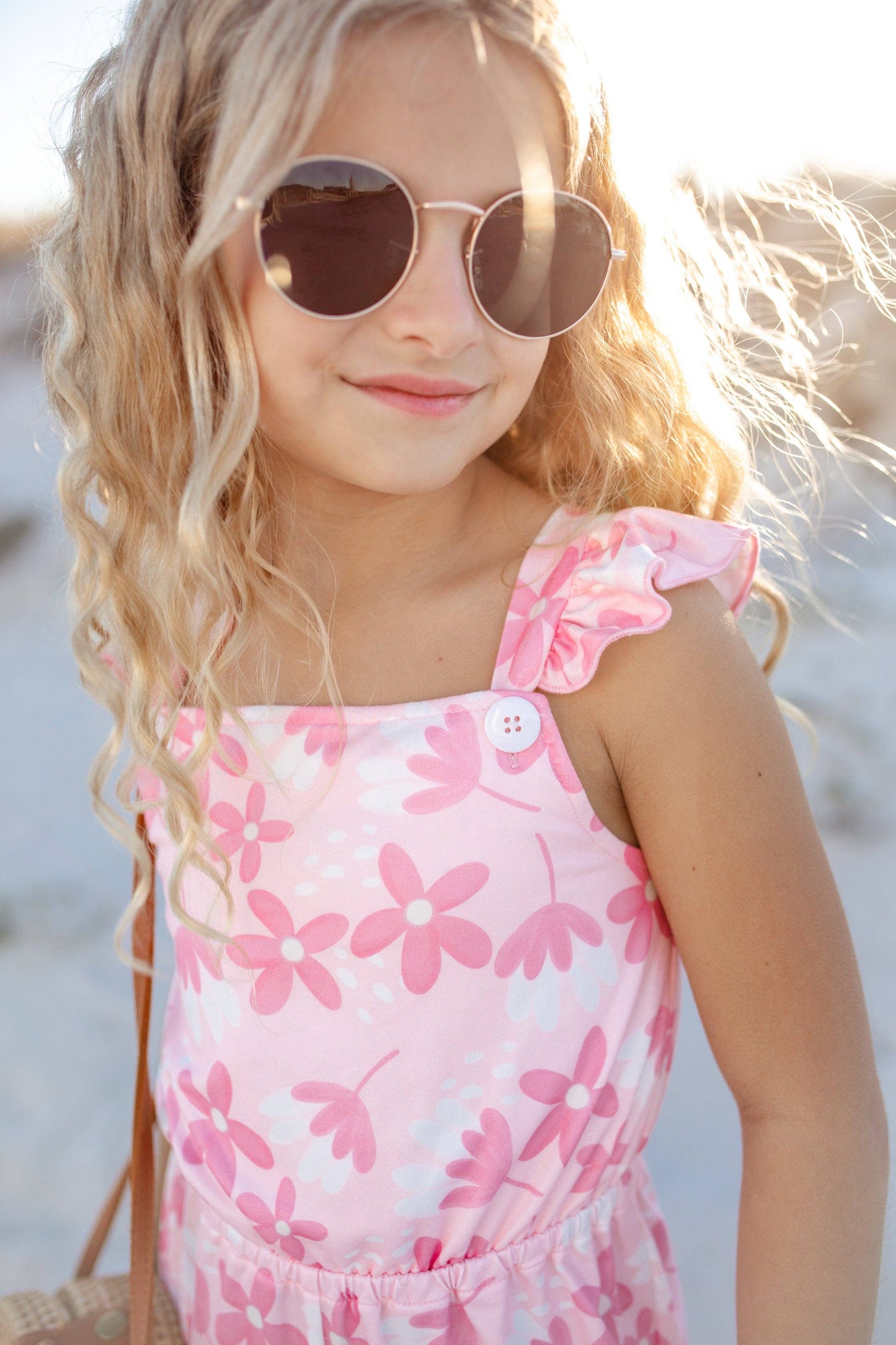 Kids Pink White Floral Button Ruffle Summer Pocket Jumpsuit