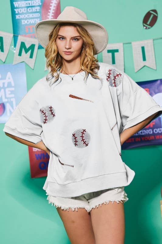 Baseball Glitter Print Oversized Pullover
