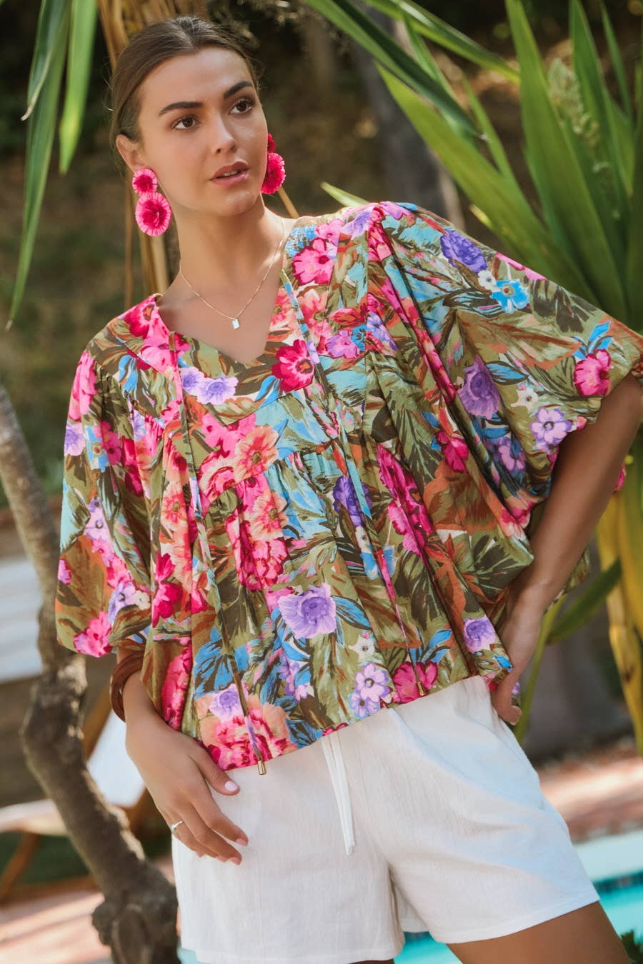 Floral Print Blouse With Wide Bubble Sleeve