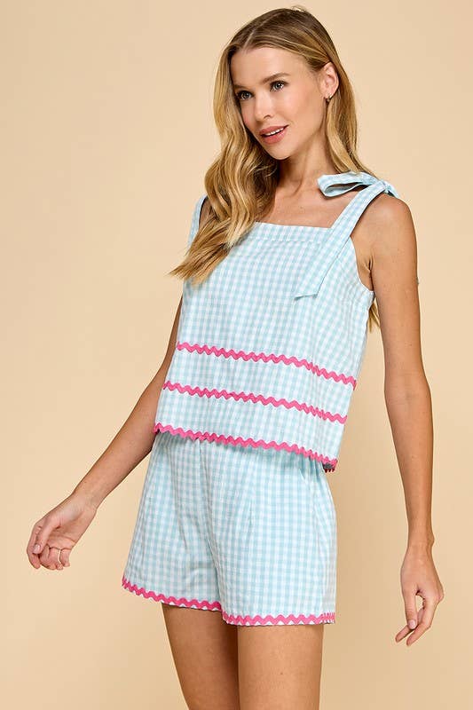 CT9117-Gingham Contrast Ricrac Detail Top