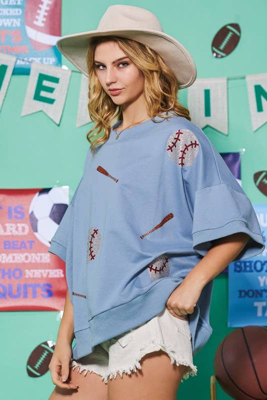 Baseball Glitter Print Oversized Pullover