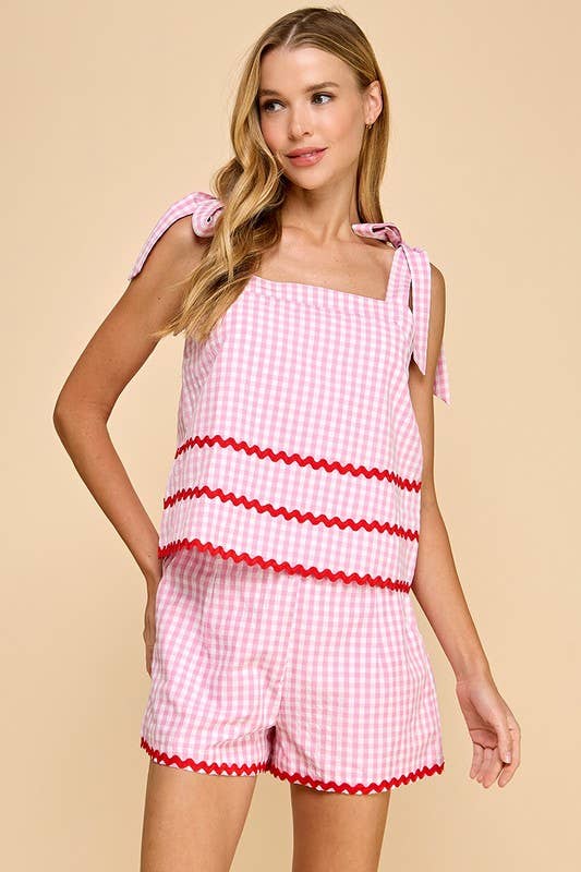 CT9117-Gingham Contrast Ricrac Detail Top