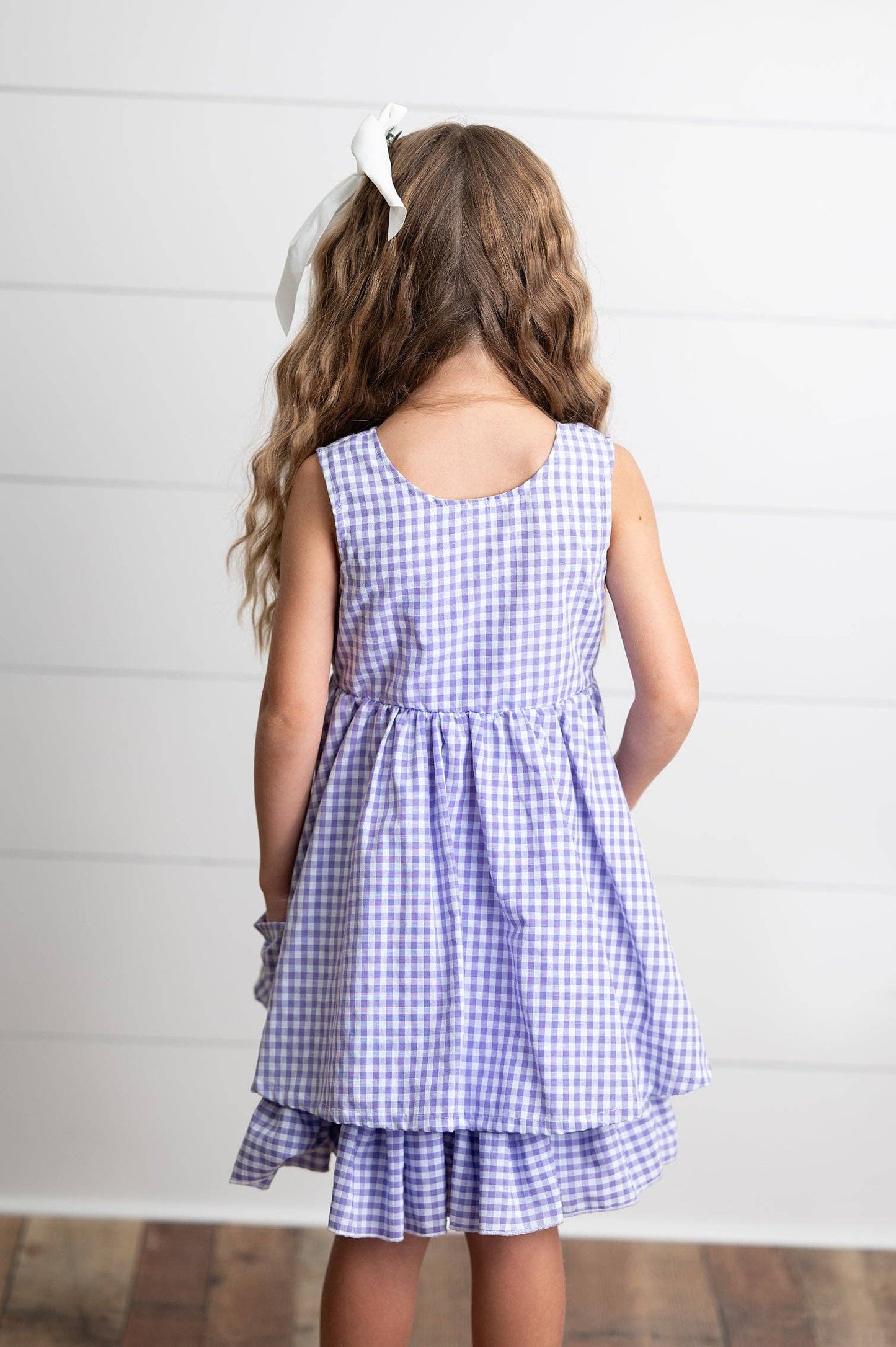 Girls Lavender & White Gingham Check Pocket Spring Dress
