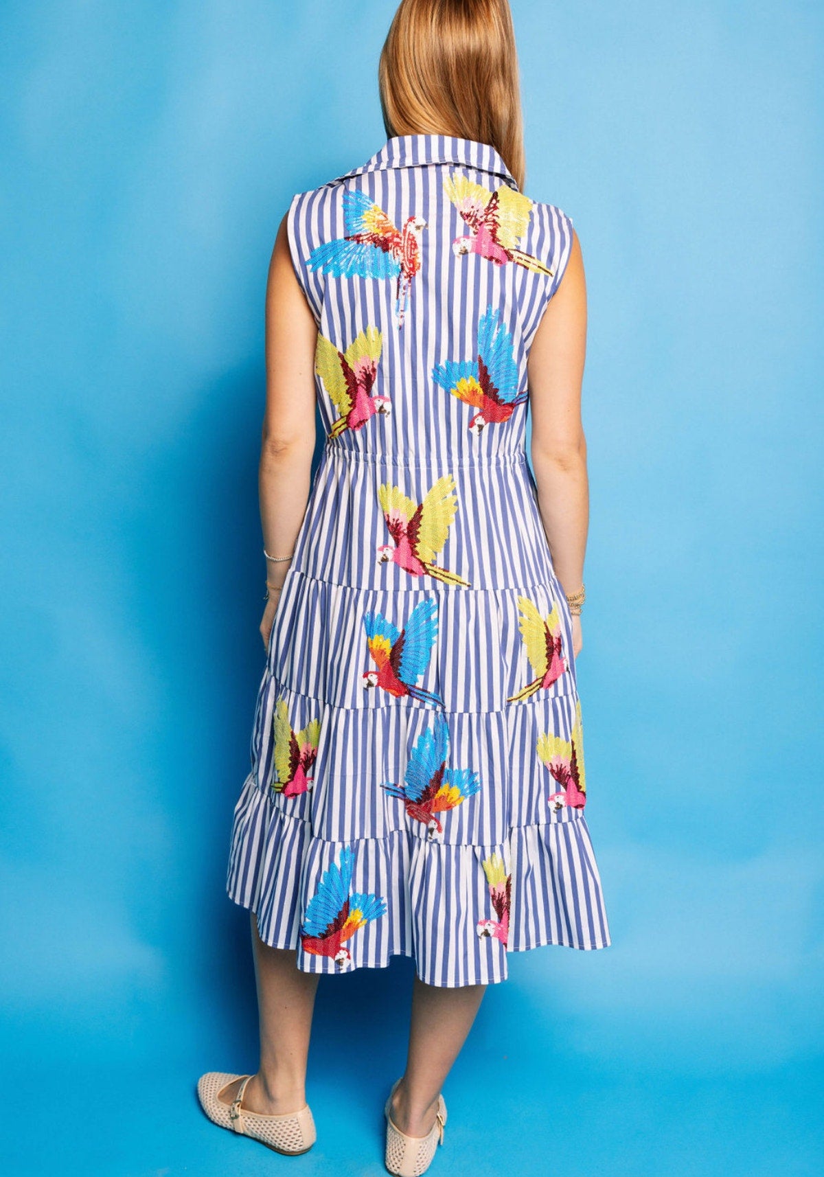 Queen of Sparkles Blue and White Parrot Tie Midi Dress