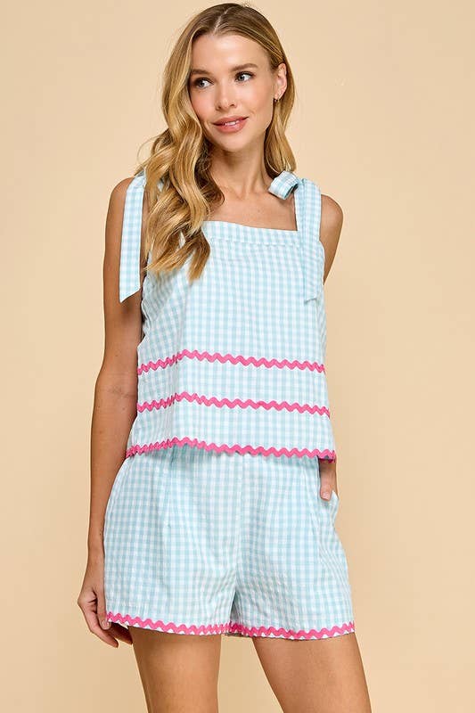 CT9117-Gingham Contrast Ricrac Detail Top