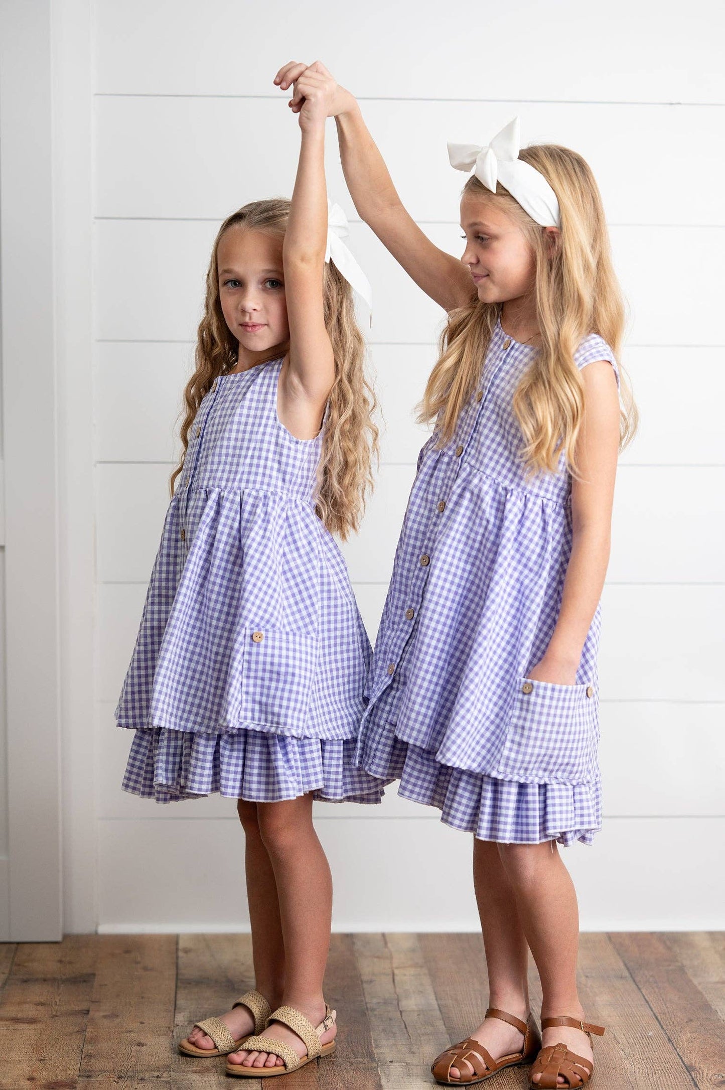 Girls Lavender & White Gingham Check Pocket Spring Dress