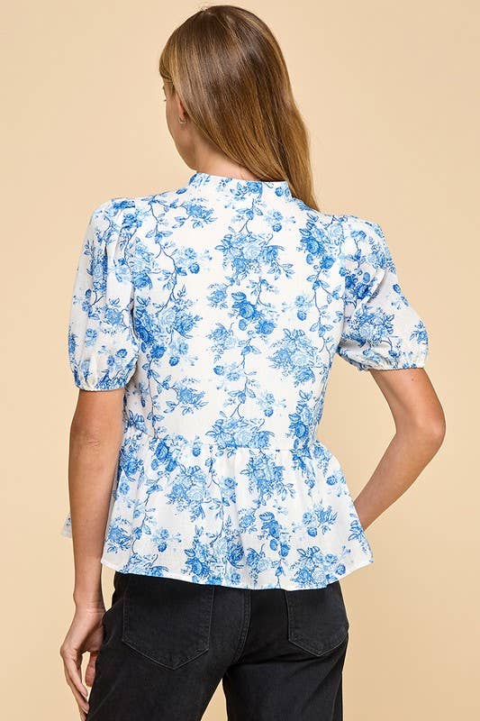 CT9107-Floral Printed Bubble Sleeves Peplum Top
