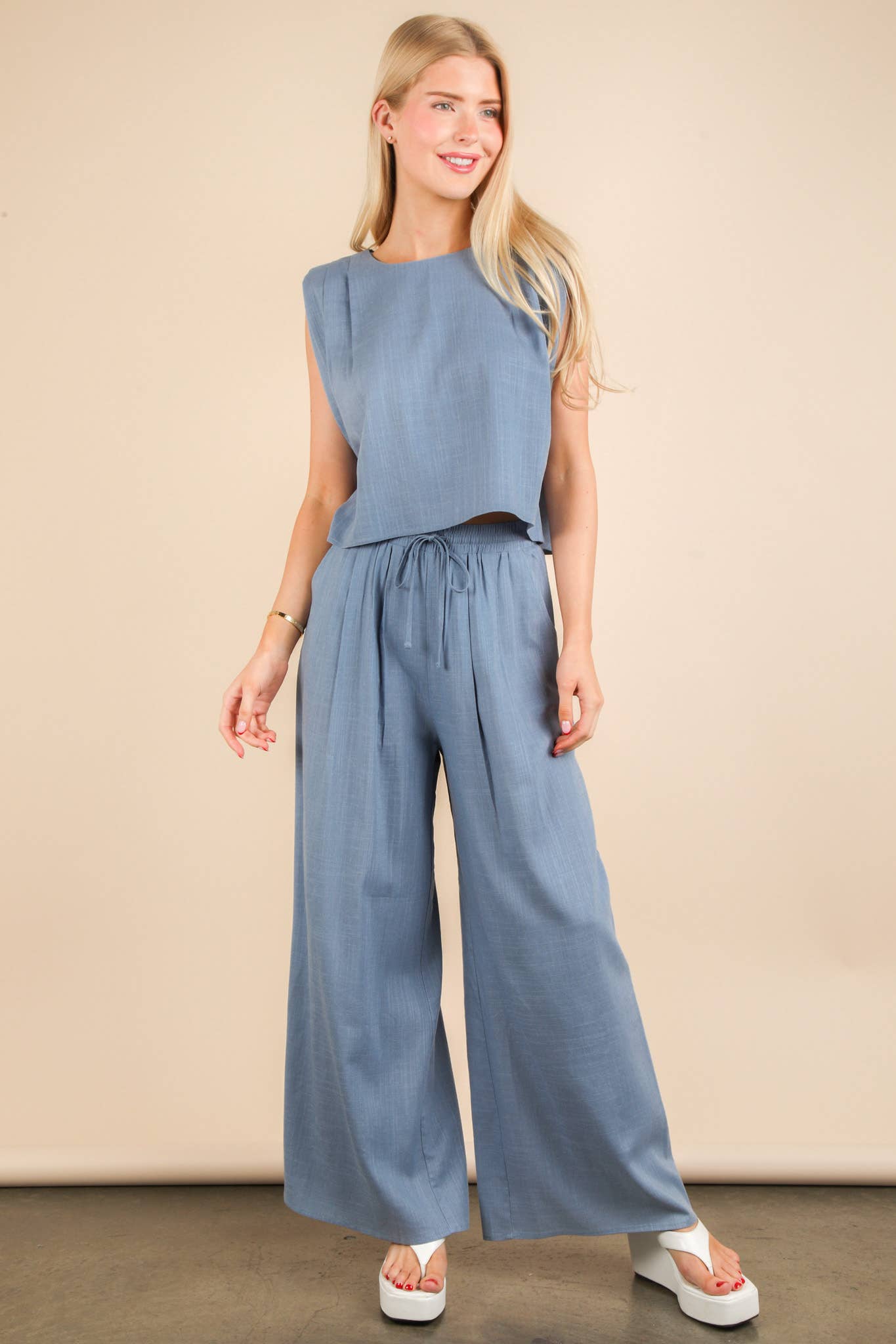 Blue Solid Woven Top & Pants Set