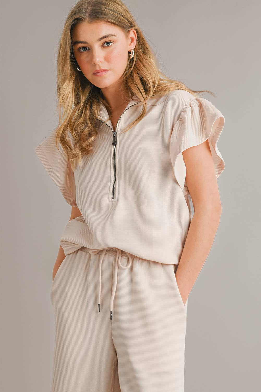 Textured Ruffled Sleeve Travel / Lounge Top & Pants Set
