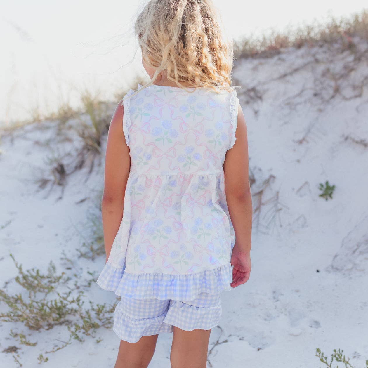 Girls Lavender Check & Pink Bow Pocket Ruffle Short Set