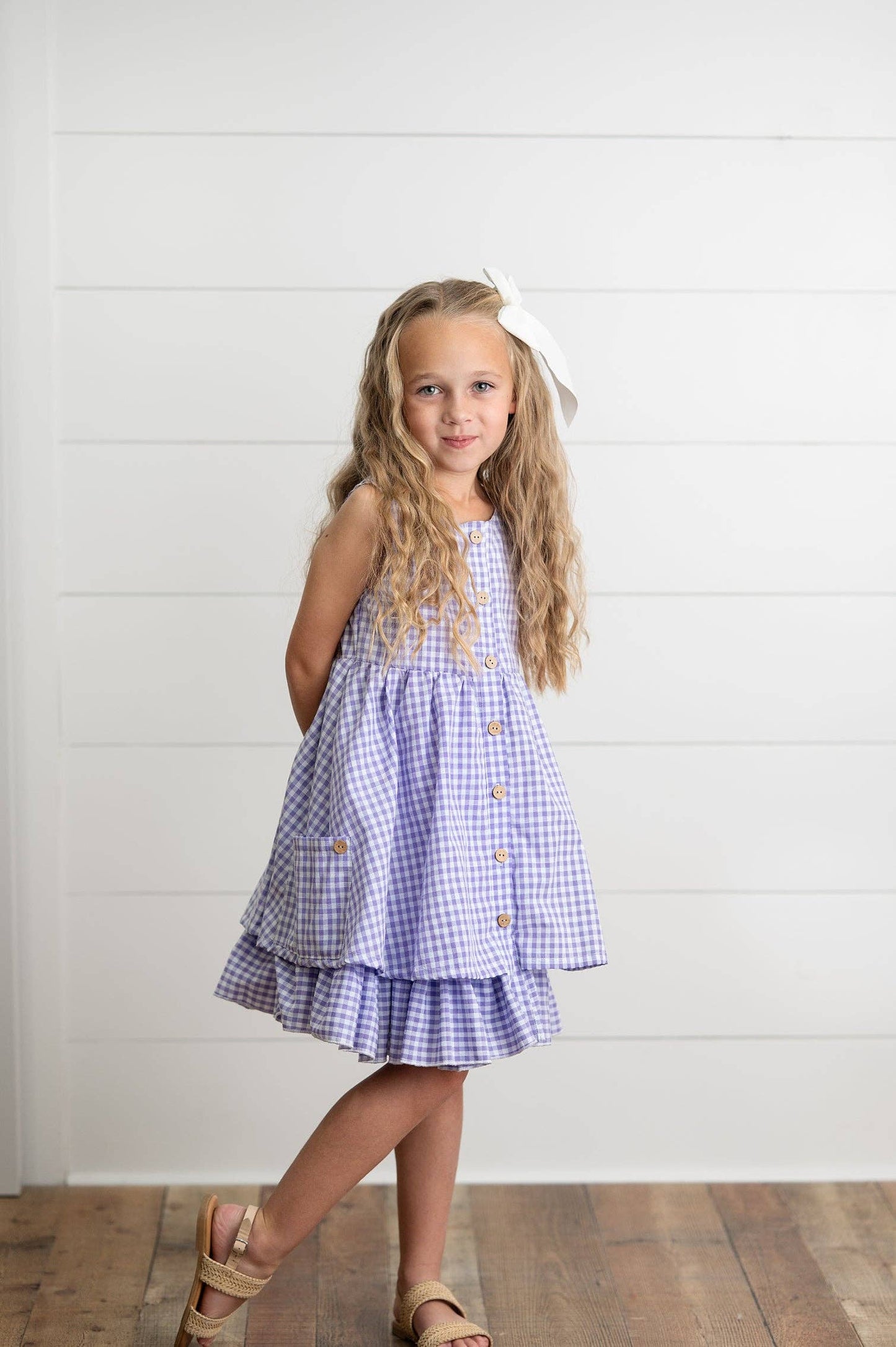 Girls Lavender & White Gingham Check Pocket Spring Dress
