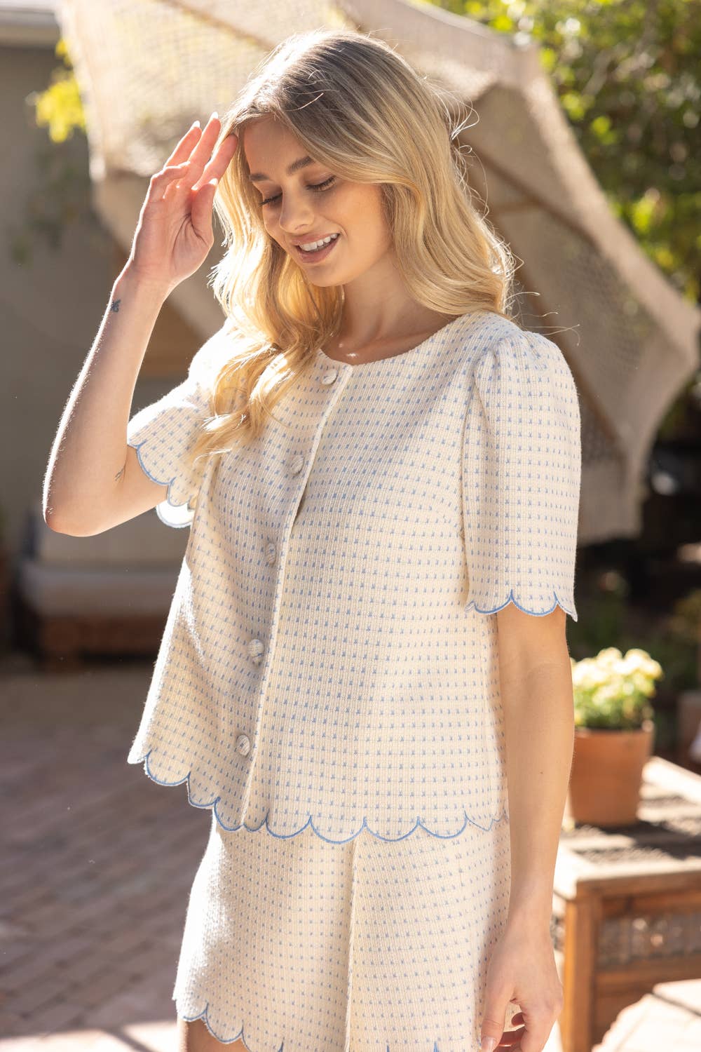 Embroidered Scallop Detail Cover Button Top