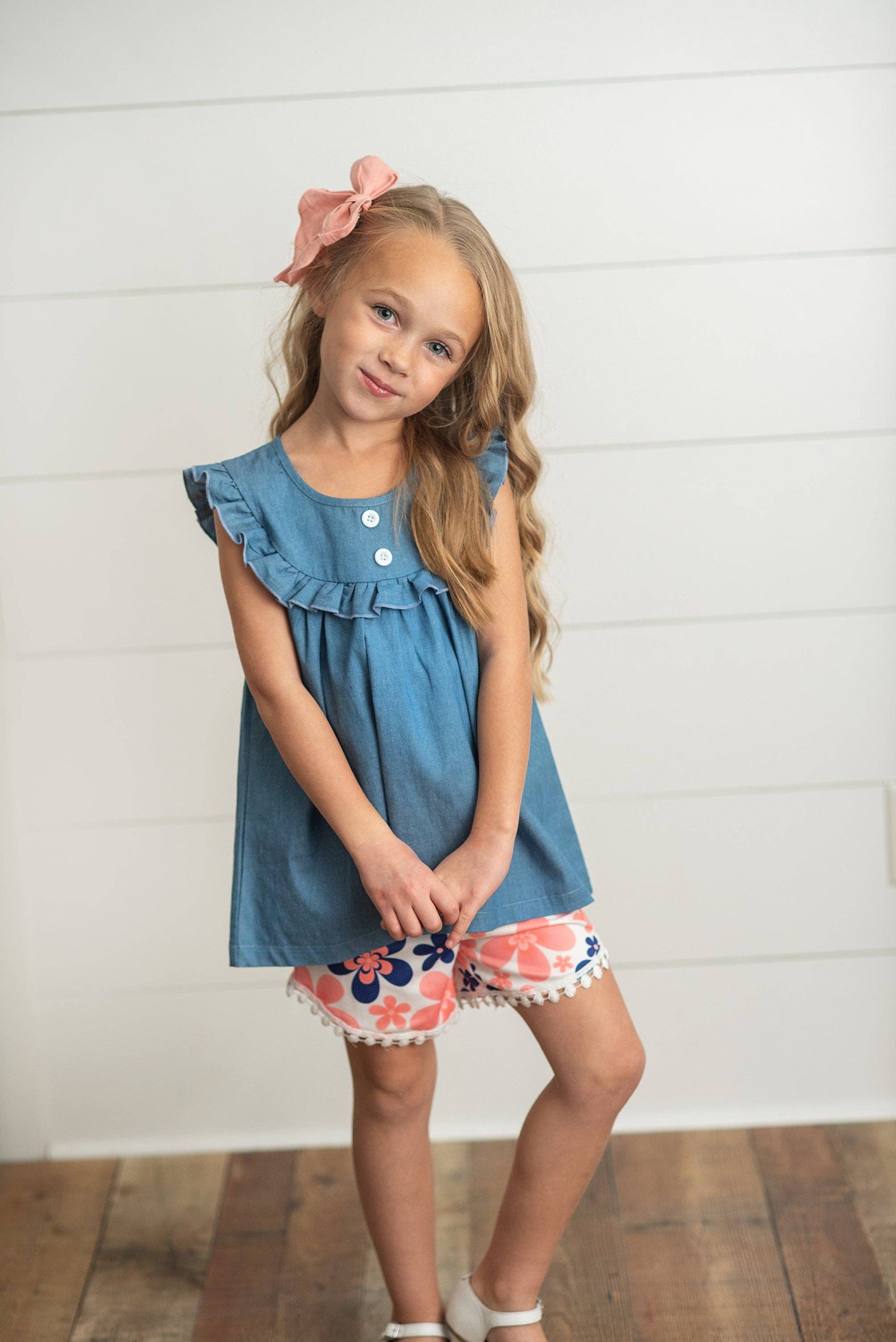Girls Coral Floral Jean Ruffle Spring Summer 2 Piece Set