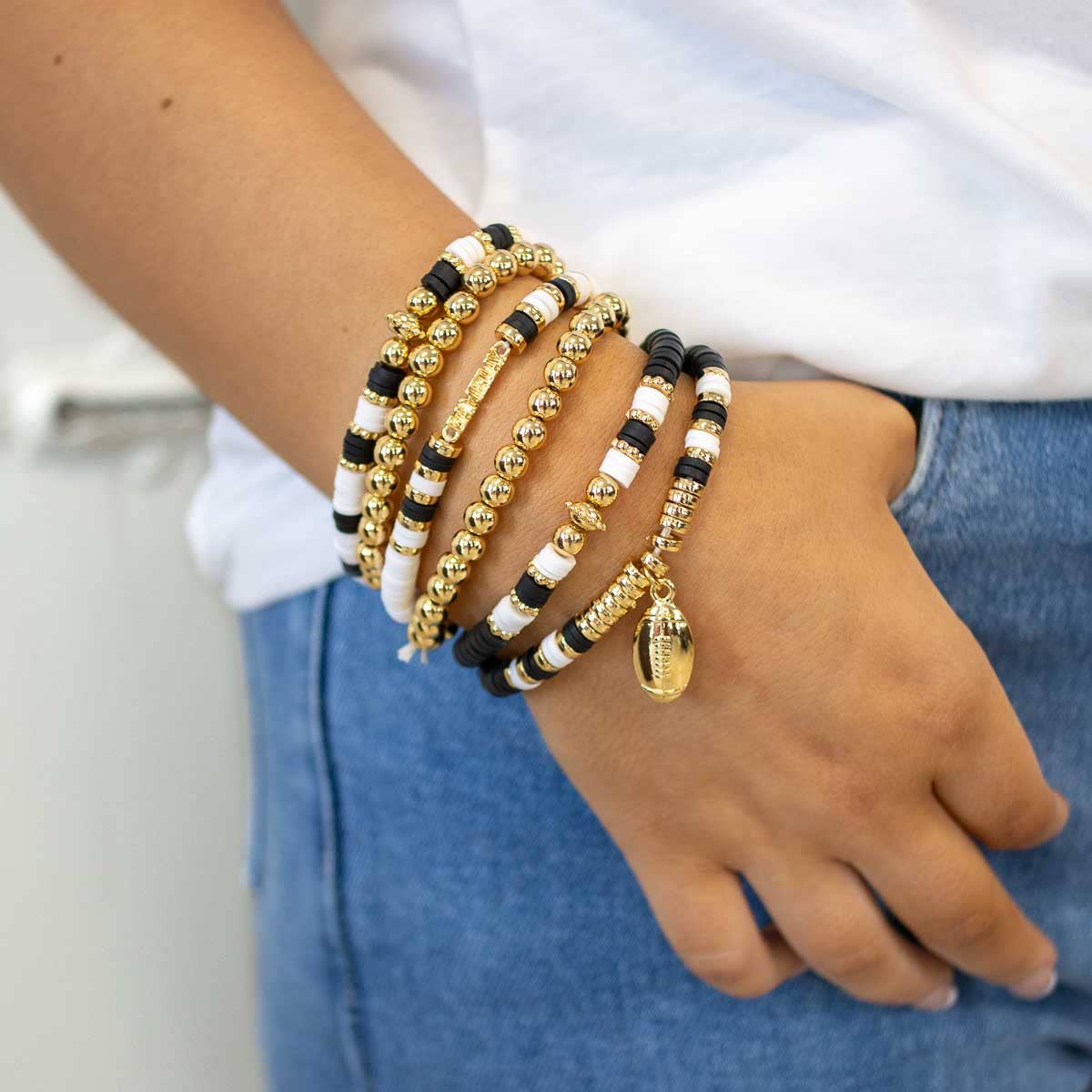 Game Day Bead Bracelet Stack Black/White/Gold 7"