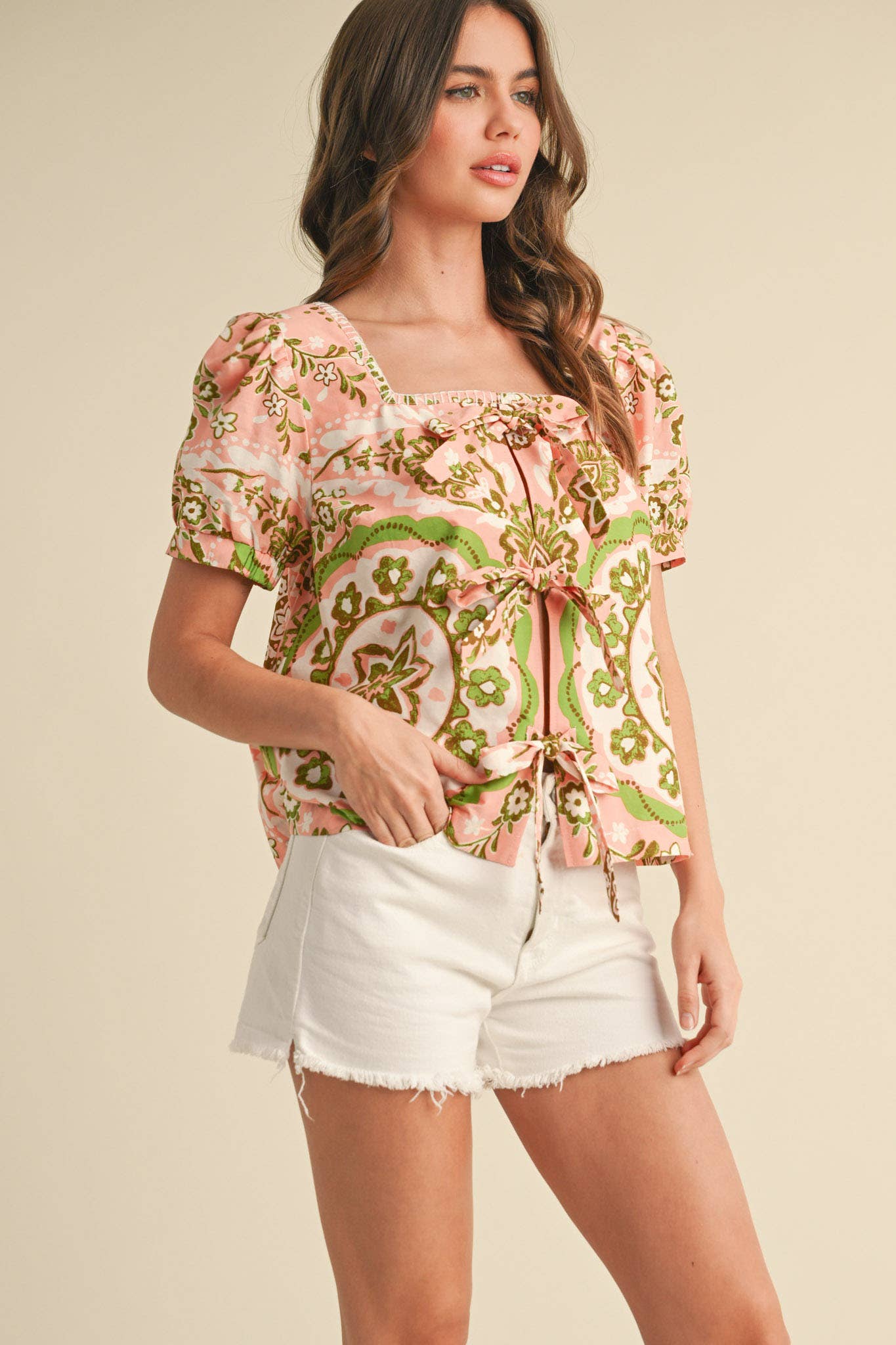 PINK MEDALLION PRINT TIE FRONT PUFF SLEEVE TOP