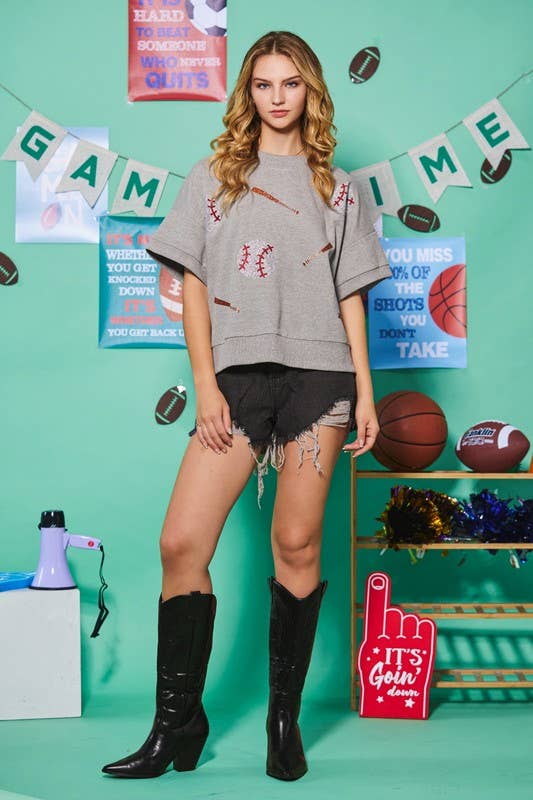 Baseball Glitter Print Oversized Pullover