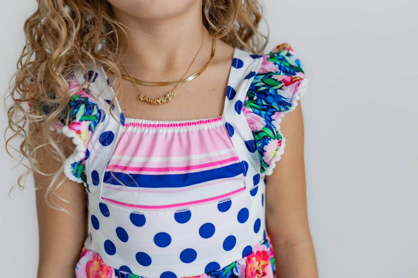 Kids Pink Floral & Navy Polka Dot Pocket Ruffle Short Set