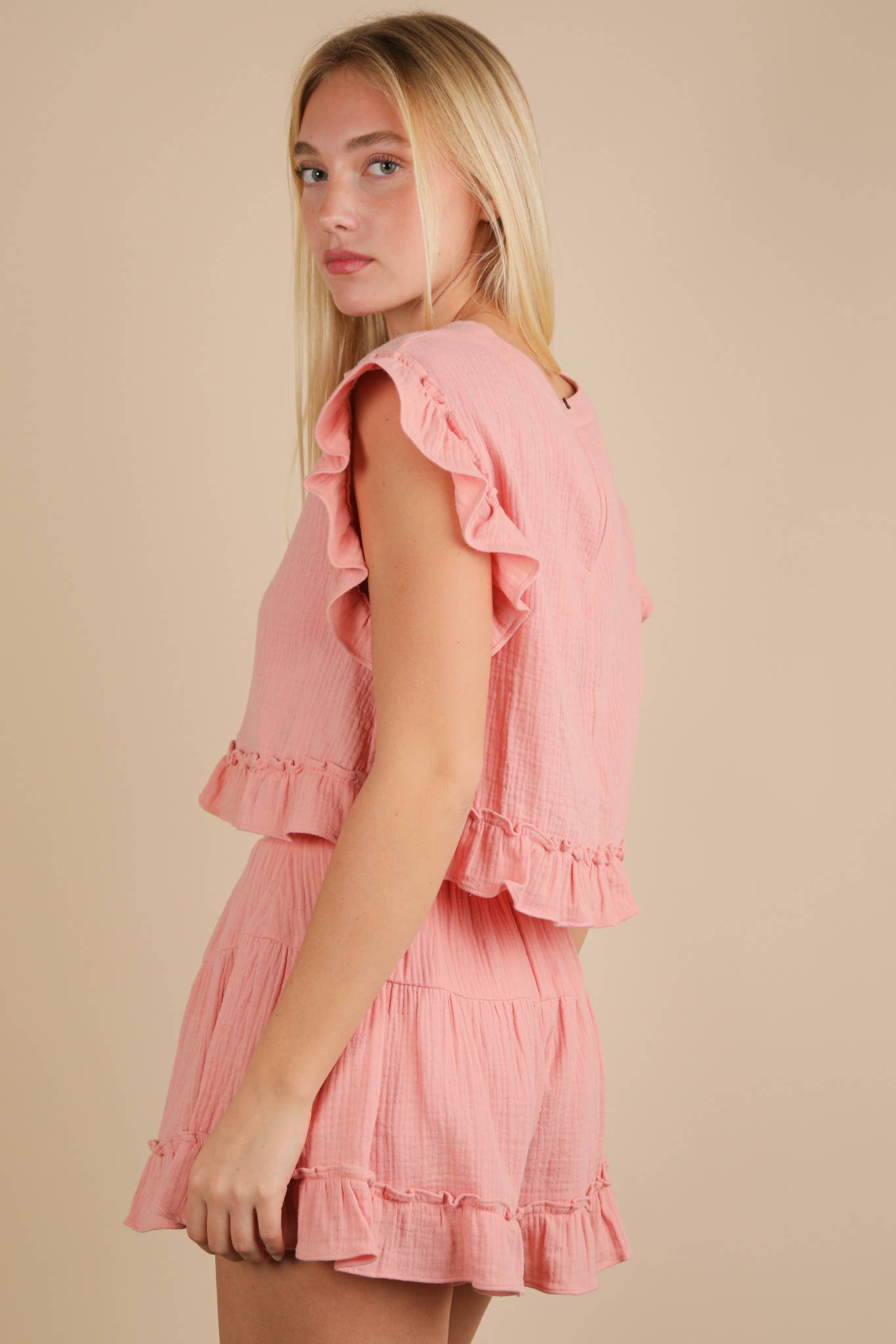 Ruffled Solid Woven Blush Top & Shorts Set