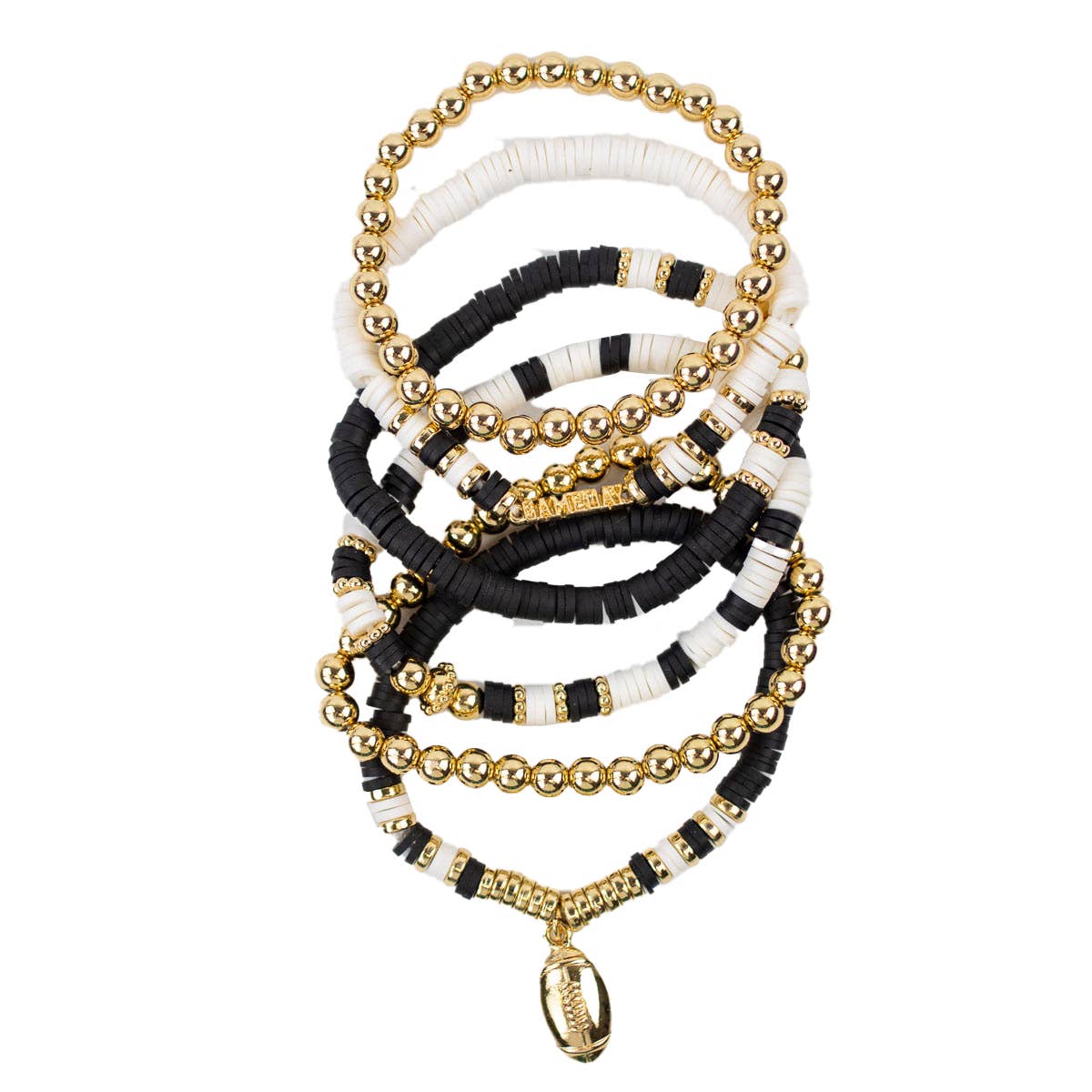 Game Day Bead Bracelet Stack Black/White/Gold 7"
