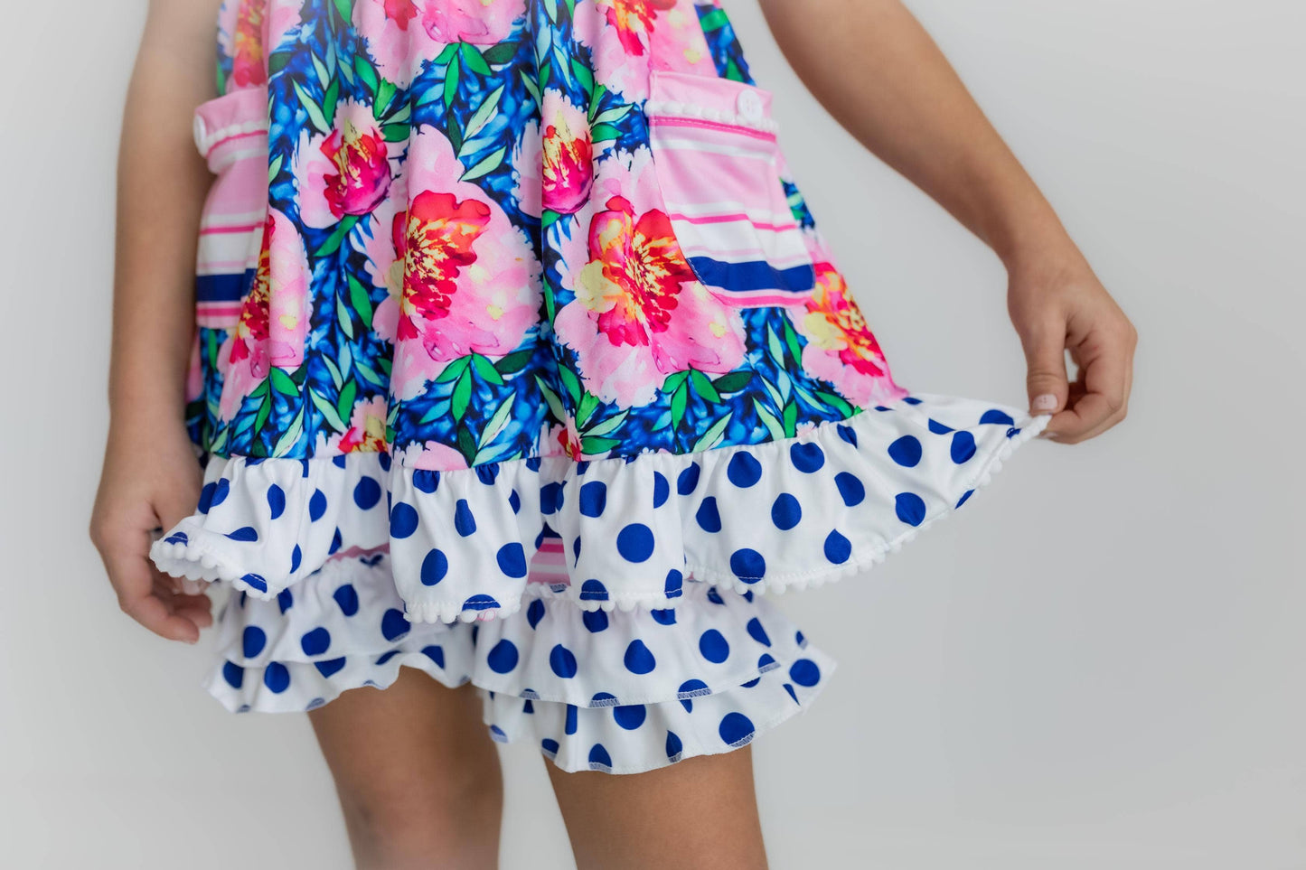Kids Pink Floral & Navy Polka Dot Pocket Ruffle Short Set