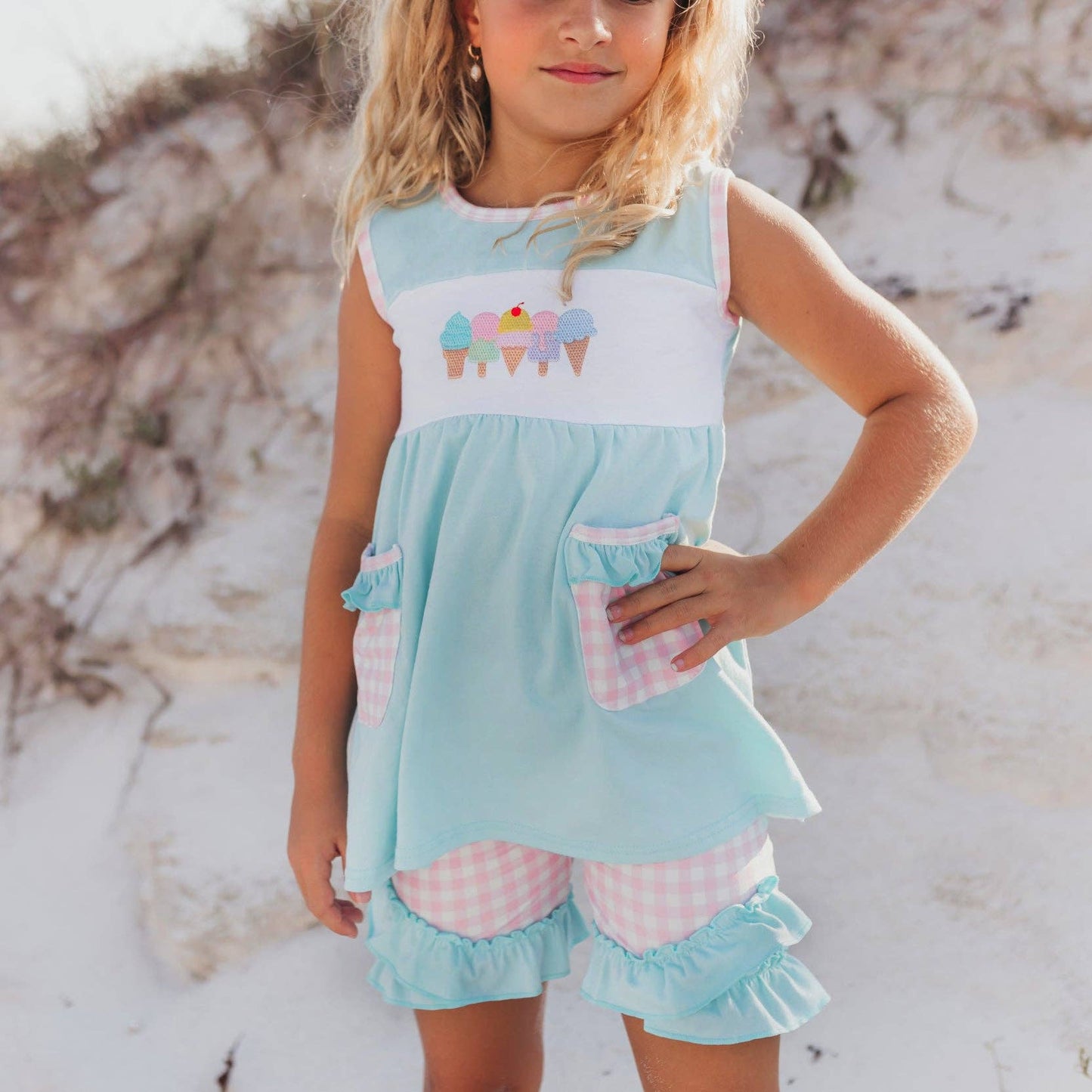 Girls Pastel Ice Cream Gingham Ruffle Spring Summer Short Set