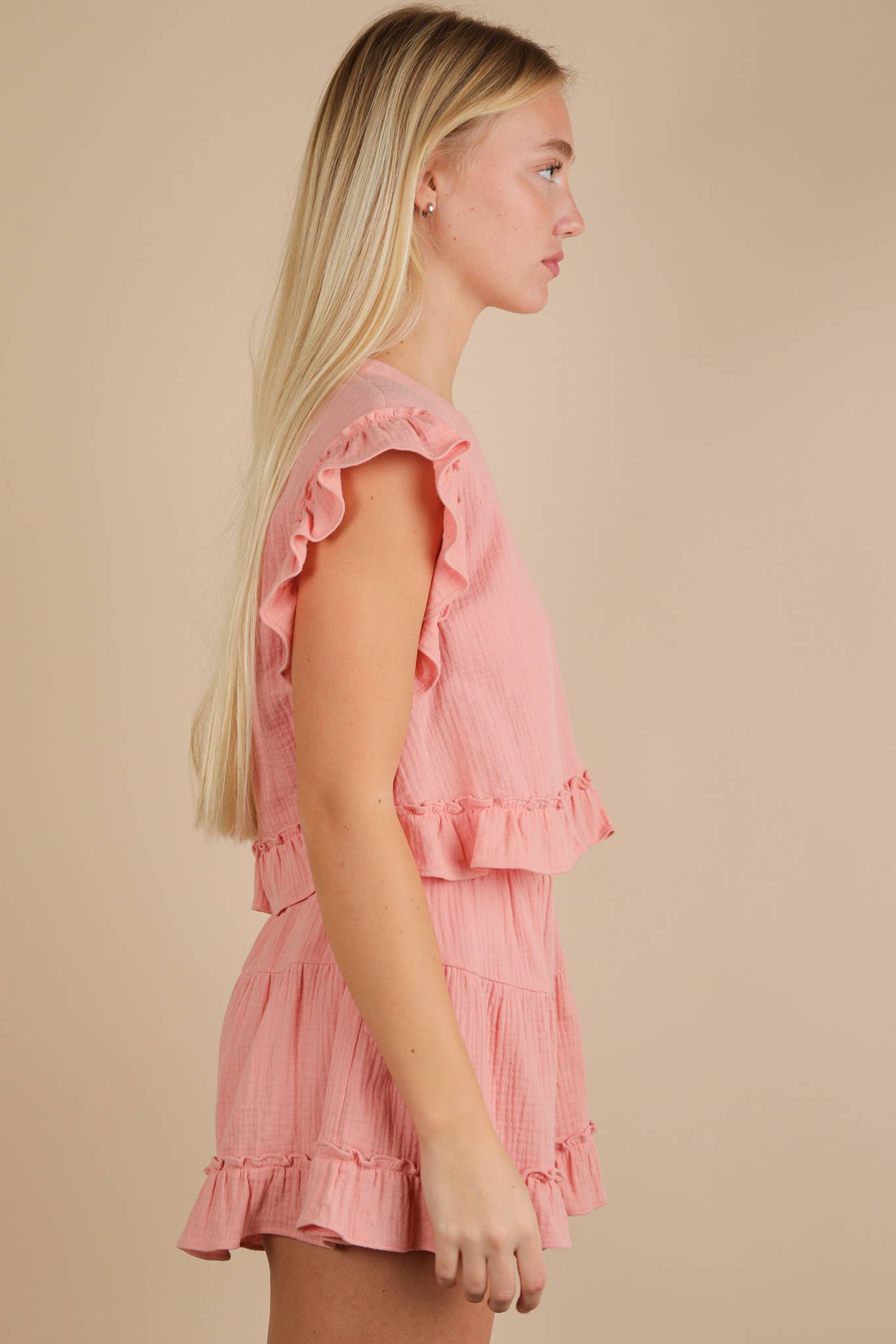 Ruffled Solid Woven Blush Top & Shorts Set
