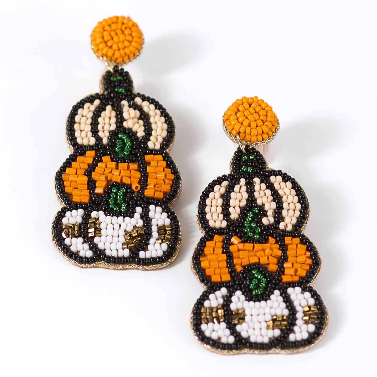 Pumpkin Trio Beaded Earrings Brown/Orange/White 3.5"