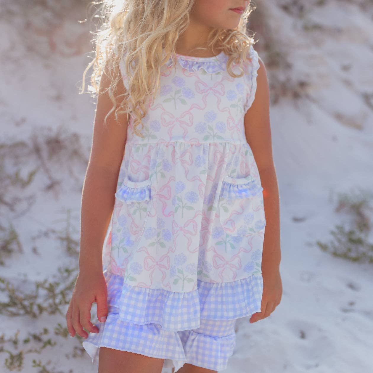Girls Lavender Check & Pink Bow Pocket Ruffle Short Set
