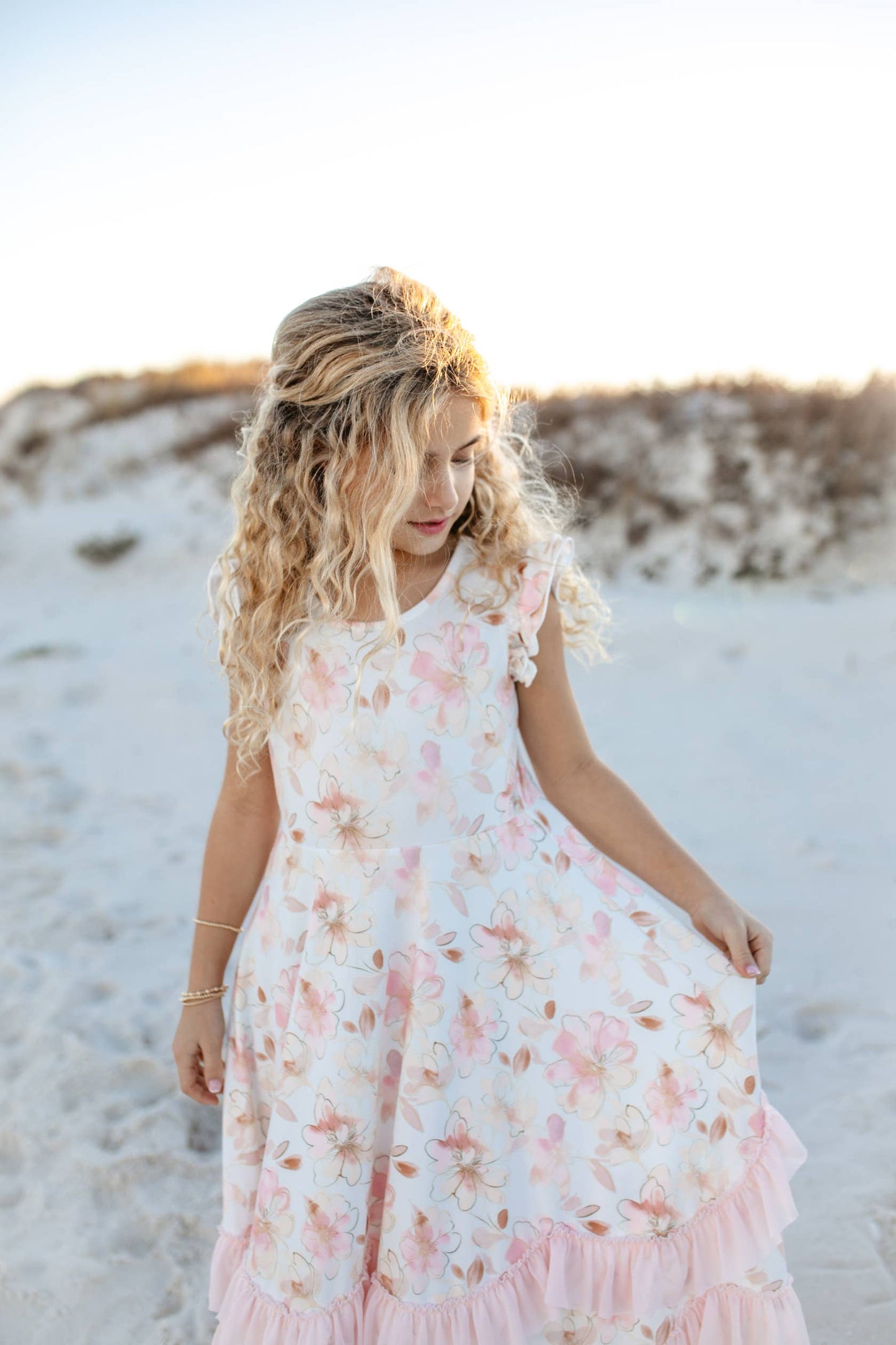Girls Blush Floral Flutter Sleeve Ruffles Spring Dress (5-12)