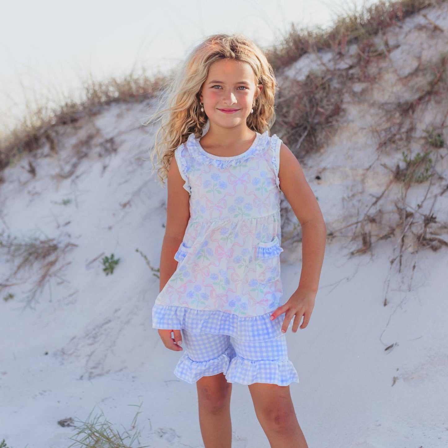 Girls Lavender Check & Pink Bow Pocket Ruffle Short Set