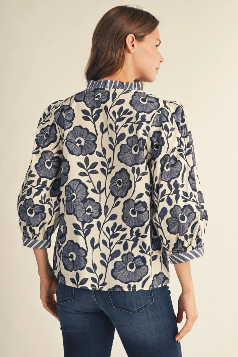 Blakely Blue & White Fall Floral Top
