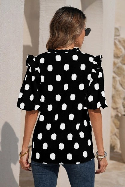 Polka Dot Print Notched Neck Ruffled Shirred Blouse
